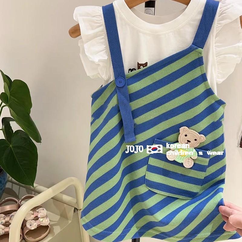 女童蓝绿条纹背带裙夏装新款女孩 时髦洋气可爱小熊吊带连衣裙潮