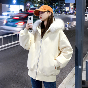 加厚保暖宽松棉衣外套 胖mm简约百搭毛领连帽棉服女冬季 特大码 女装