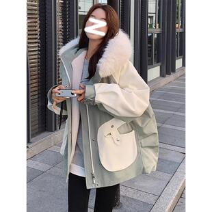 派克棉服女高级感加厚拼接棉衣外套 大毛领工装 300斤胖mm大码 女装