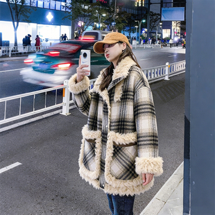 300斤大码 胖mm复古格纹拼接羊羔毛棉服女宽松保暖棉袄外套潮 女装
