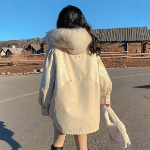 特大码 胖mm毛领派克棉服女连帽加厚保暖超好看学院风棉衣外套 女装