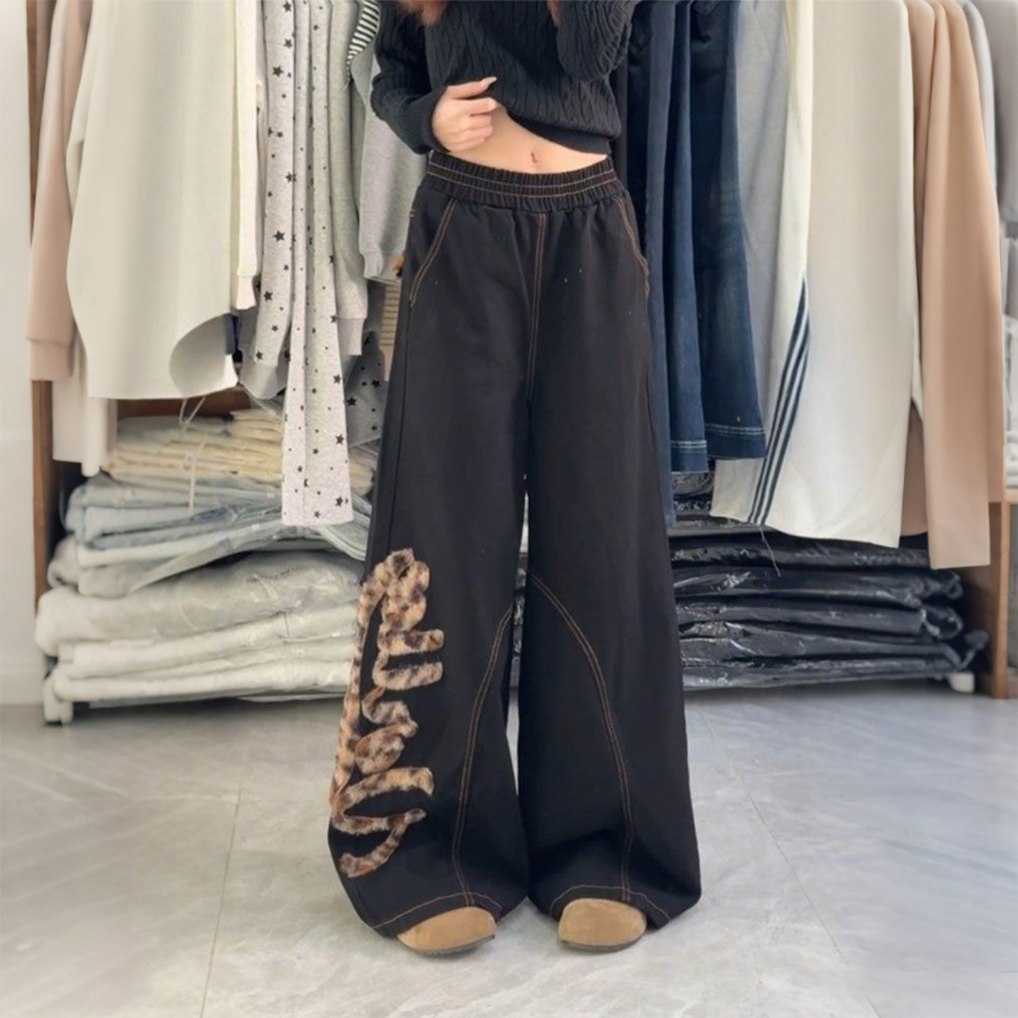 300斤大码女装胖mm美式风豹纹拼接阔腿裤女高腰垂感显瘦拖地裤潮,女装/女士精品,大码裤装,淘宝优惠券,粉丝福利购,淘宝优惠卷