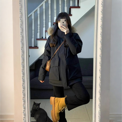 特大码女装胖mm工装风大毛领棉服