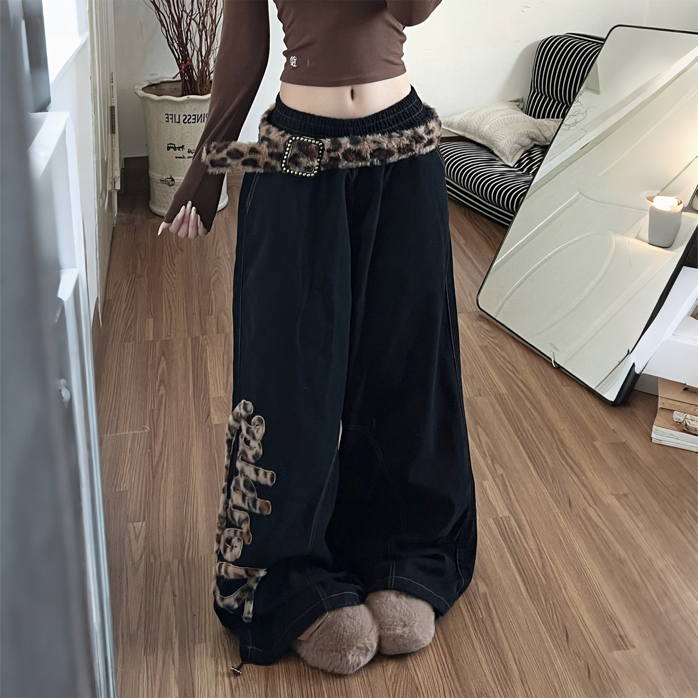 300斤大码女装胖mm豹纹拼接阔腿牛仔裤女梨型身材高腰显瘦直筒裤,女装/女士精品,大码裤装,淘宝优惠券,粉丝福利购,淘宝优惠卷