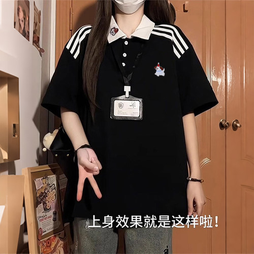 大码美式复古条纹POLO领短袖T恤