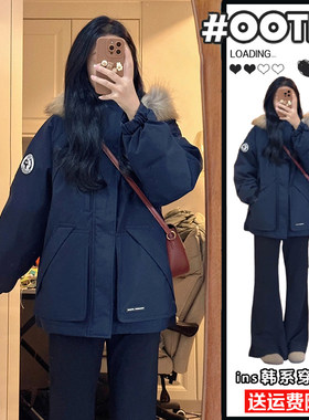 2-300斤大码女装美式加厚工装棉服女冬季胖mm藏青色百搭派克服潮
