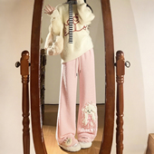 300斤大码 女高腰显瘦休闲裤 女装 胖mm甜美可爱风小狗刺绣直筒卫裤