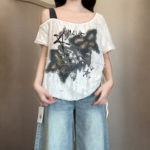 复古蝴蝶贴布露肩短袖 胖mm美式 t恤女显瘦设计感小众潮 女装 特大码