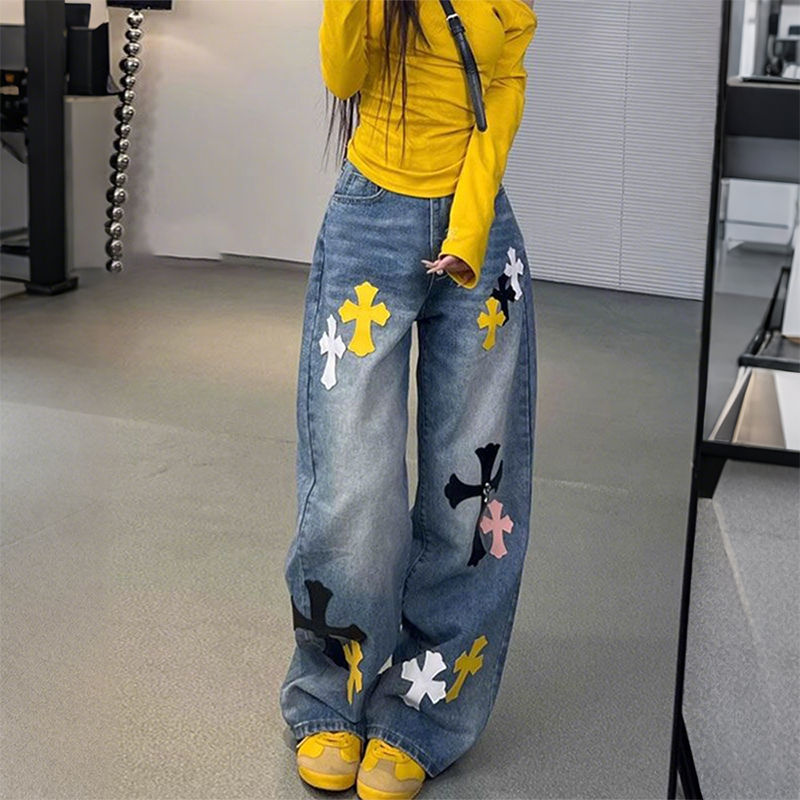 大码美式复古十字架牛仔裤女