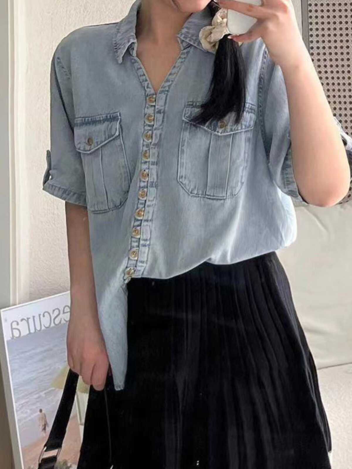 胖mm大码夏季天丝牛仔短袖衬衫