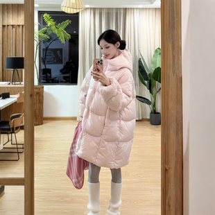 特大码女装胖mm粉色中长款连帽棉服女加厚保暖宽松显瘦面包服外套