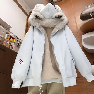 加厚保暖宽松连帽棉衣外套 胖mm设计感猫耳朵棉服女冬季 特大码 女装