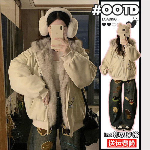 特大码女装美式毛绒连帽棉服