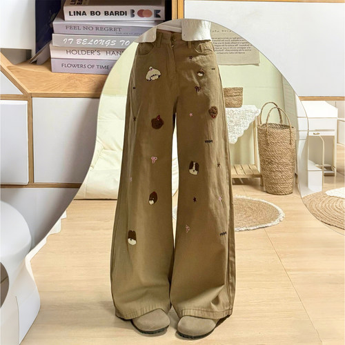 大码女装高腰小狗刺绣阔腿牛仔裤