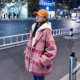 特大码 女装 胖mm假两件连帽粉色格子棉服外套女高级感羊羔毛棉衣潮