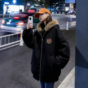 风毛领派克棉服女加厚保暖连帽棉衣外套潮 胖mm工装 300斤大码 女装