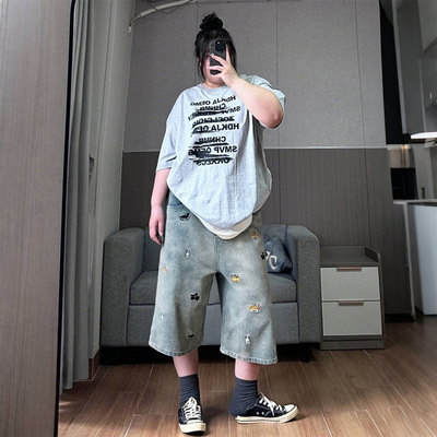 大码女装胖mm美式复古牛仔七分裤