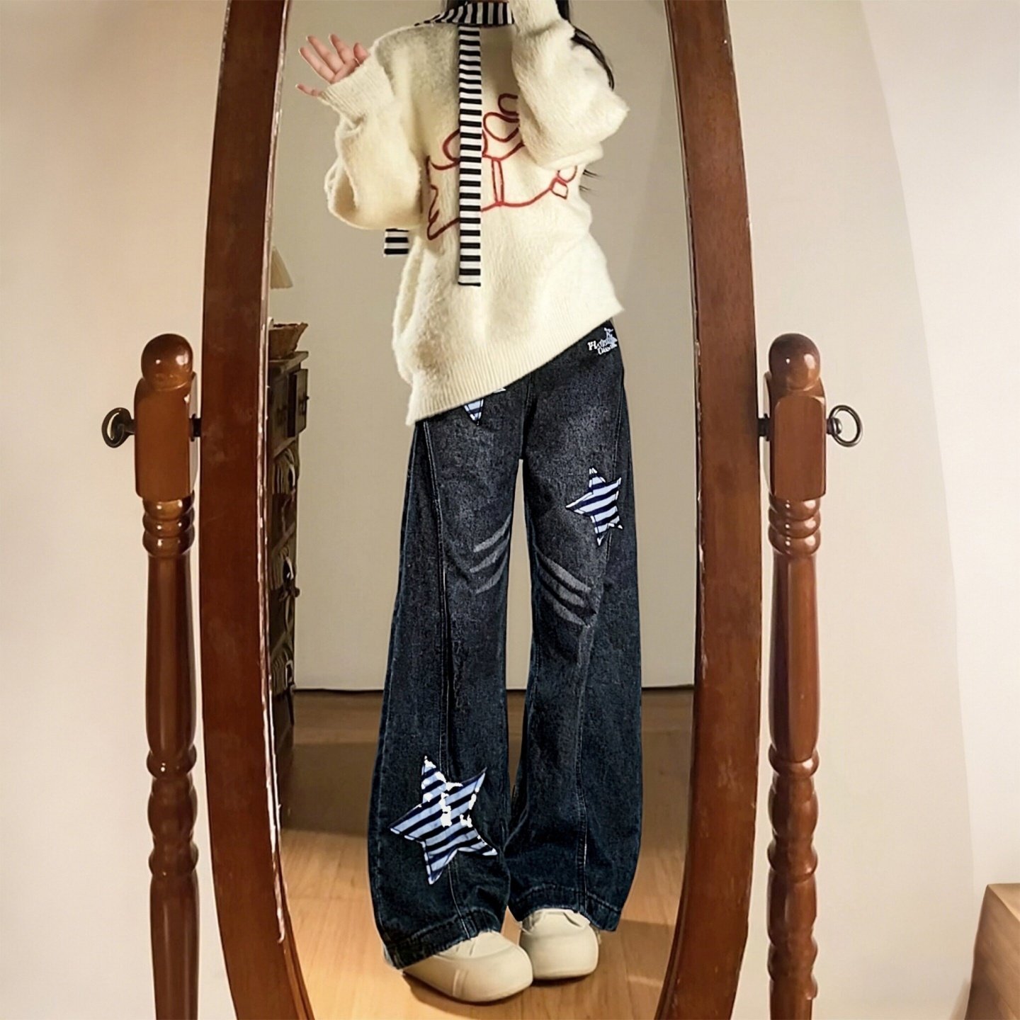 大码女装胖mm加肥加大复古星星贴布牛仔裤女高腰显瘦百搭阔腿裤潮,女装/女士精品,大码裤装,淘宝优惠券,粉丝福利购,淘宝优惠卷