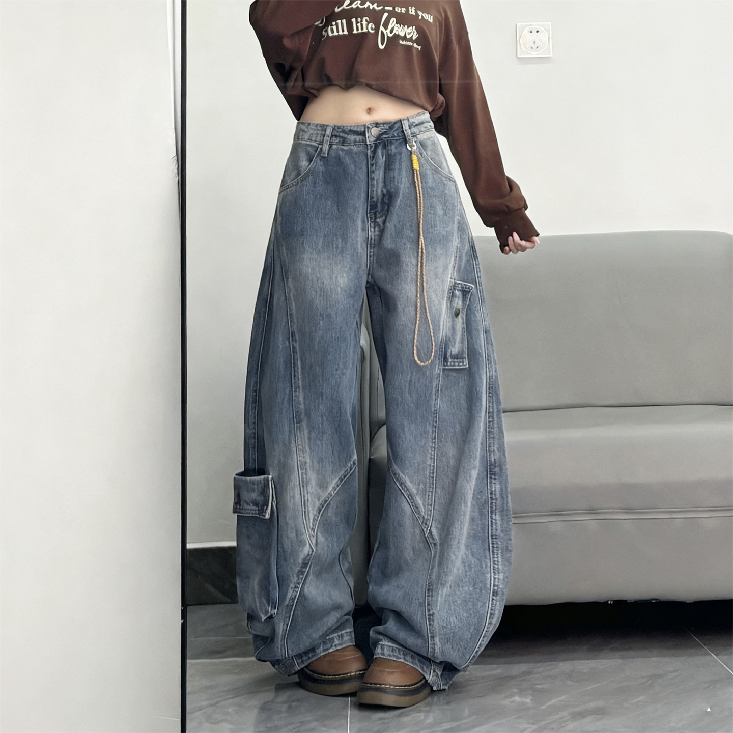 大码美式工装风多口袋牛仔裤女