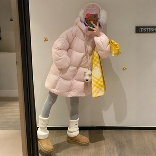 加厚中长款 胖mm粉色连帽棉服女冬季 显瘦保暖棉衣外套潮 女装 特大码