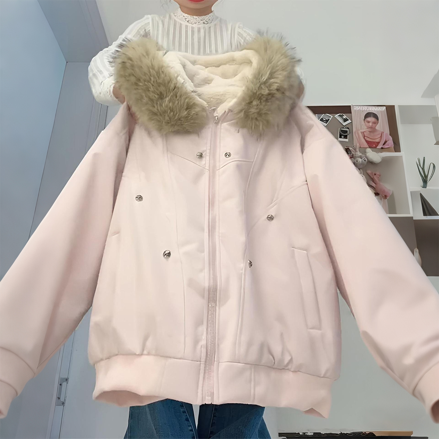 特大码女装设计感粉色毛领棉服