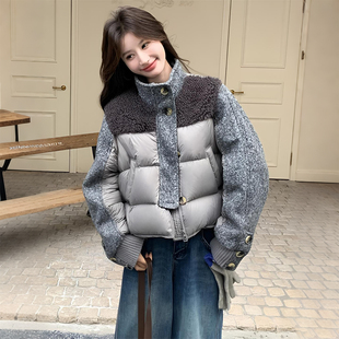 加厚保暖面包服 复古灰色羊羔毛拼接棉服女冬季 300斤胖mm大码 女装