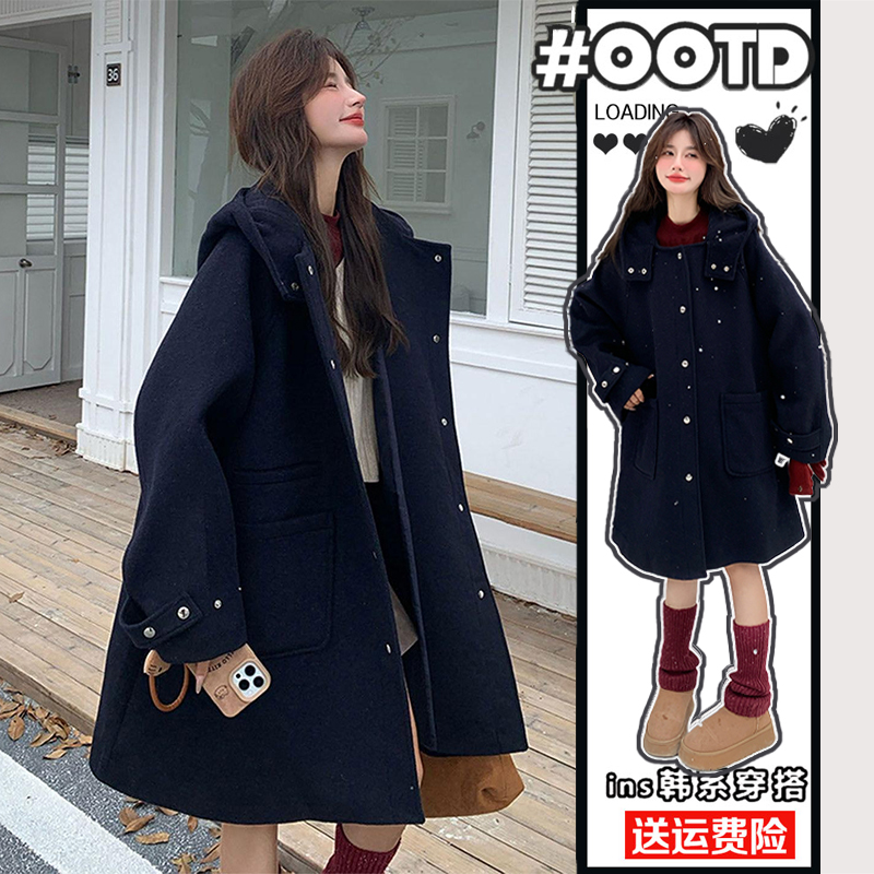 特大码学院风连帽毛呢大衣