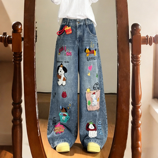 女高腰显瘦设计感阔腿裤 大码 复古卡通刺绣牛仔裤 胖mm美式 子潮 女装