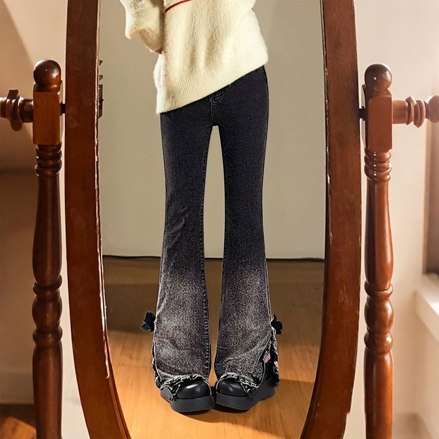 大码女装胖mm复古渐变微喇牛仔裤女高腰修身显瘦裤子设计感喇叭裤,女装/女士精品,大码裤装,淘宝优惠券,粉丝福利购,淘宝优惠卷