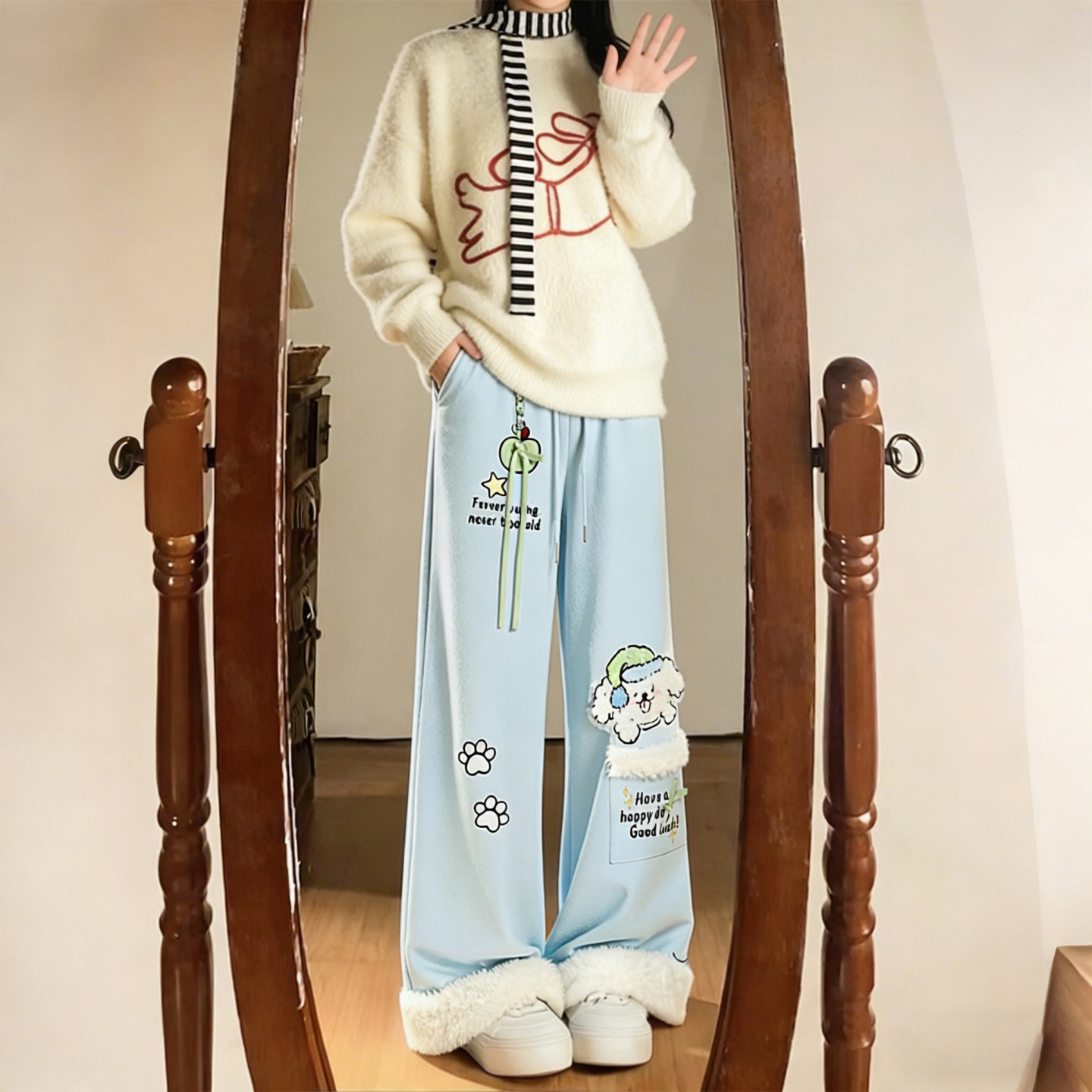 300斤胖mm大码女装卡通小狗毛绒休闲裤女高腰显瘦设计感阔腿裤潮,女装/女士精品,大码裤装,淘宝优惠券,粉丝福利购,淘宝优惠卷