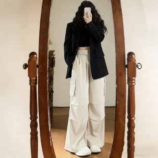 女装 女多口袋设计感宽松显瘦休闲裤 胖mm工装 裤 潮 风阔腿西装 特大码