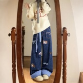 大码 子潮 女格子卷边蝴蝶结直筒裤 女装 胖mm可爱卡通刺绣牛仔阔腿裤