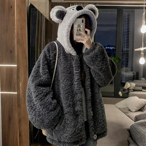 特大码毛绒小熊耳朵羊羔毛外套