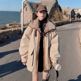 风毛领派克棉服女冬季 工装 加厚保暖棉衣外套潮 女装 300斤胖mm大码