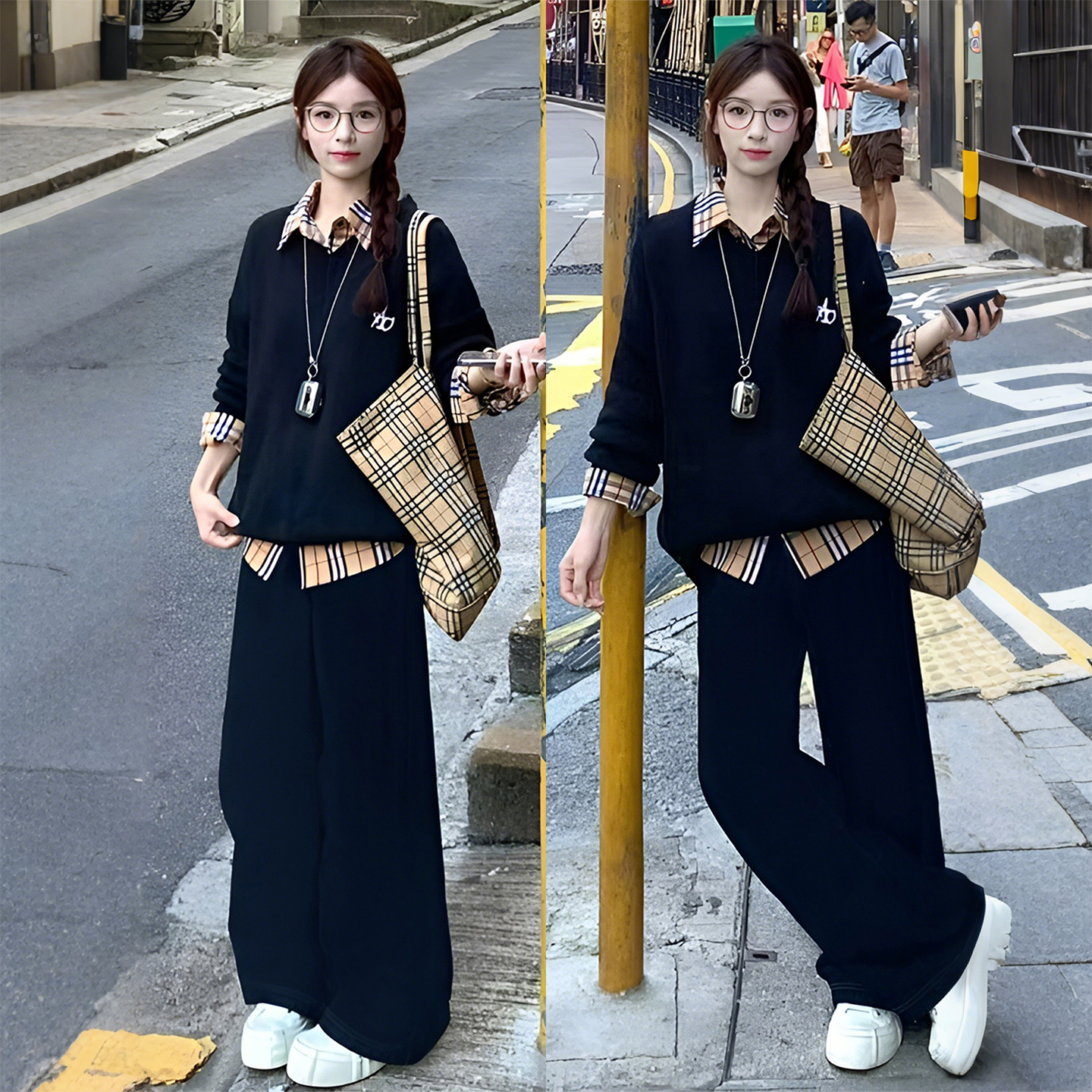 学院风假两件卫衣女长袖格子拼接