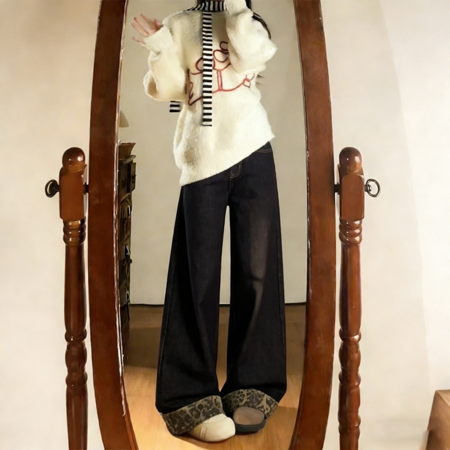 特大码女装胖mm豹纹拼接设计阔腿牛仔裤女高腰显瘦遮胯百搭直筒裤,女装/女士精品,大码裤装,淘宝优惠券,粉丝福利购,淘宝优惠卷