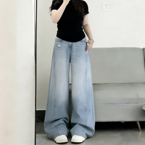 大码复古高腰阔腿牛仔裤显瘦