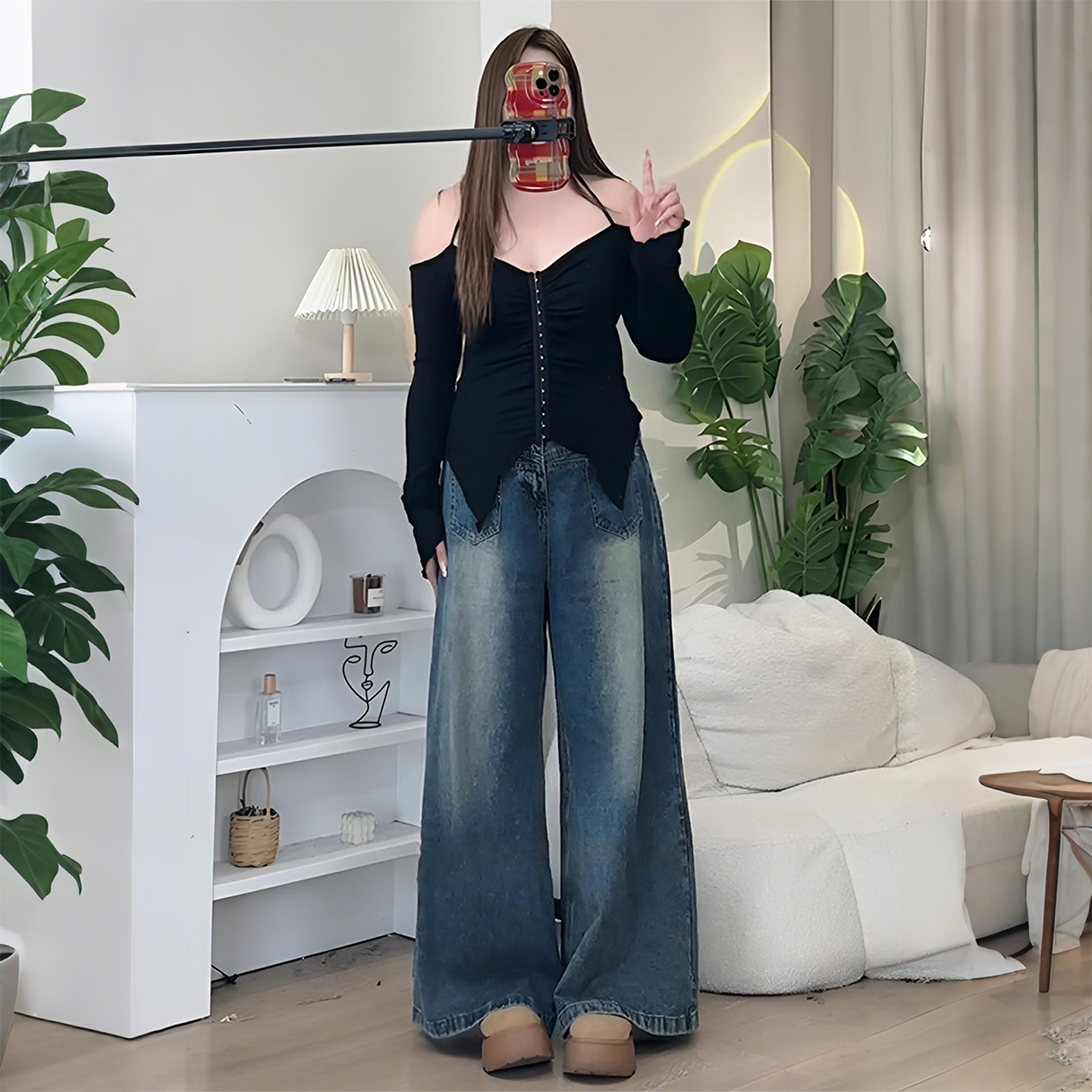 大码复古蓝色设计感阔腿牛仔裤女