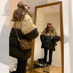 新款 冬季 300斤胖mm大码 加厚保暖棉服拼色宽松连帽棉衣外套 女装