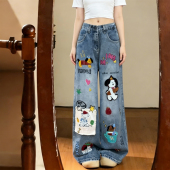女高腰显瘦阔腿拖地长裤 大码 复古卡通风刺绣牛仔裤 胖mm美式 潮 女装