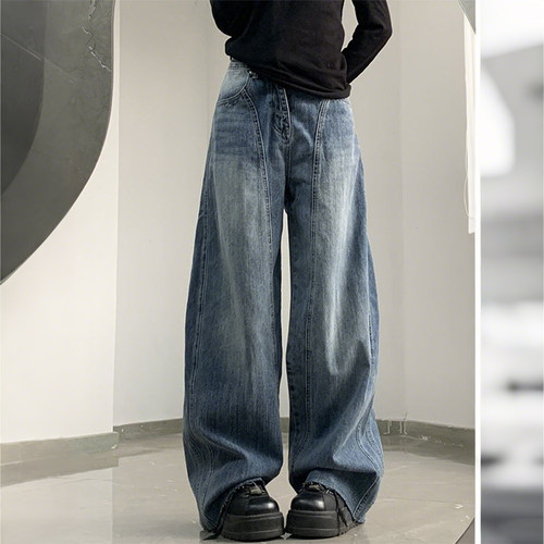 大码女装复古高街宽松阔腿牛仔裤