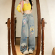 女高腰显瘦休闲阔腿裤 特大码 涂鸦风卡通小狗牛仔裤 胖mm美式 子 女装