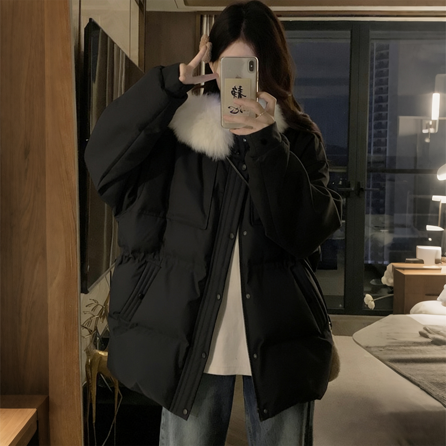 300斤胖mm大码女装黑色毛领棉服女冬季宽松显瘦加厚保暖棉衣外套