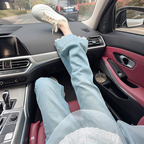 大码女装高腰蕾丝拼接直筒牛仔裤