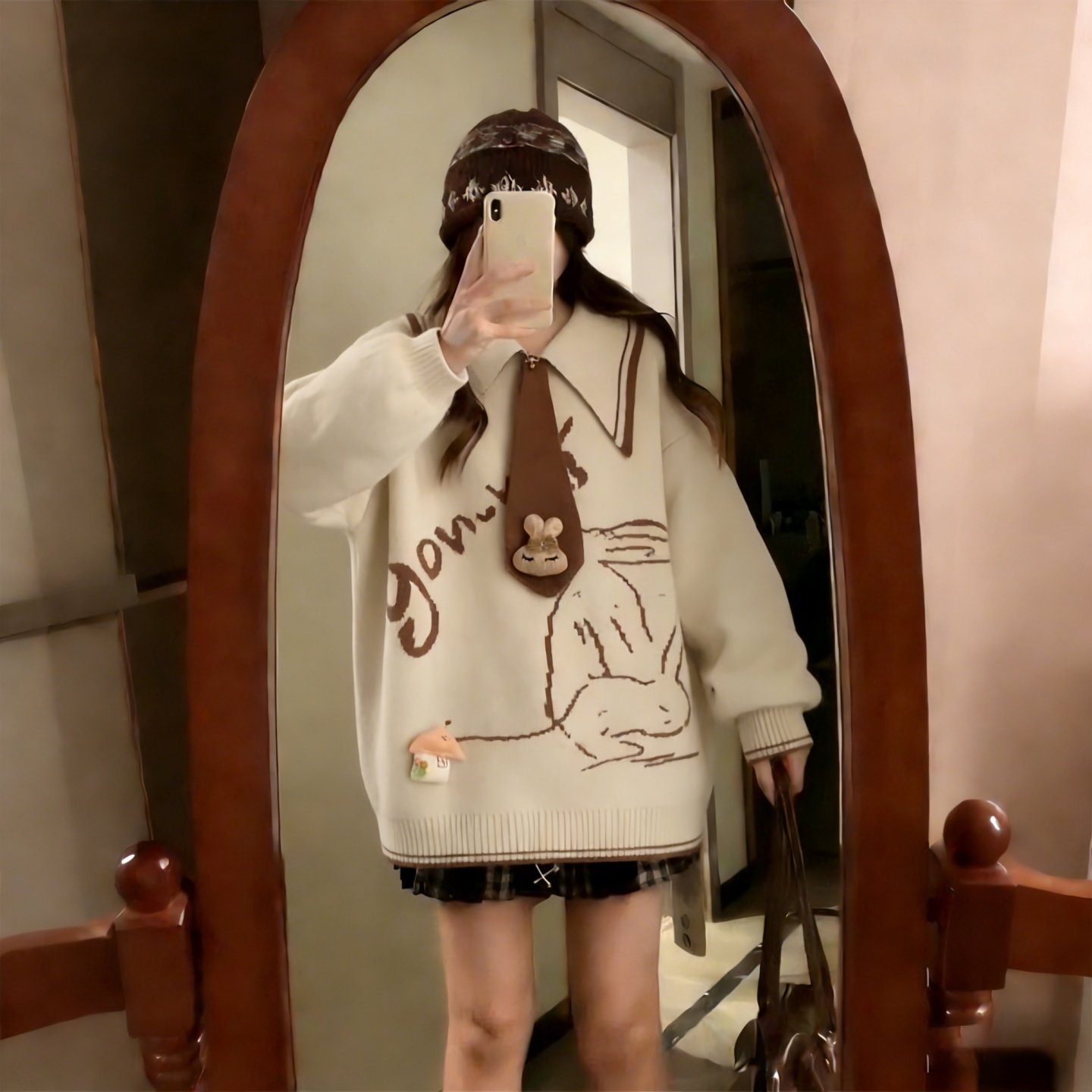 特大码女装胖mm学院风Polo领兔子针织衫女宽松减龄毛衣洋气上衣潮