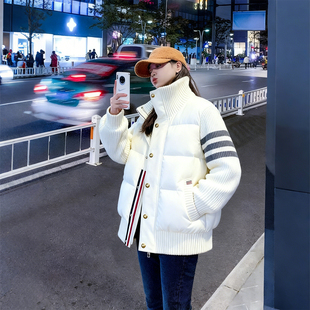 特大码 胖mm白色针织拼接棉服女宽松显瘦立领加厚保暖棉衣外套 女装