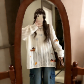 女装 宽松防晒罩衫 胖mm美式 女长袖 百搭上衣潮 卡通风镂空针织衫 大码