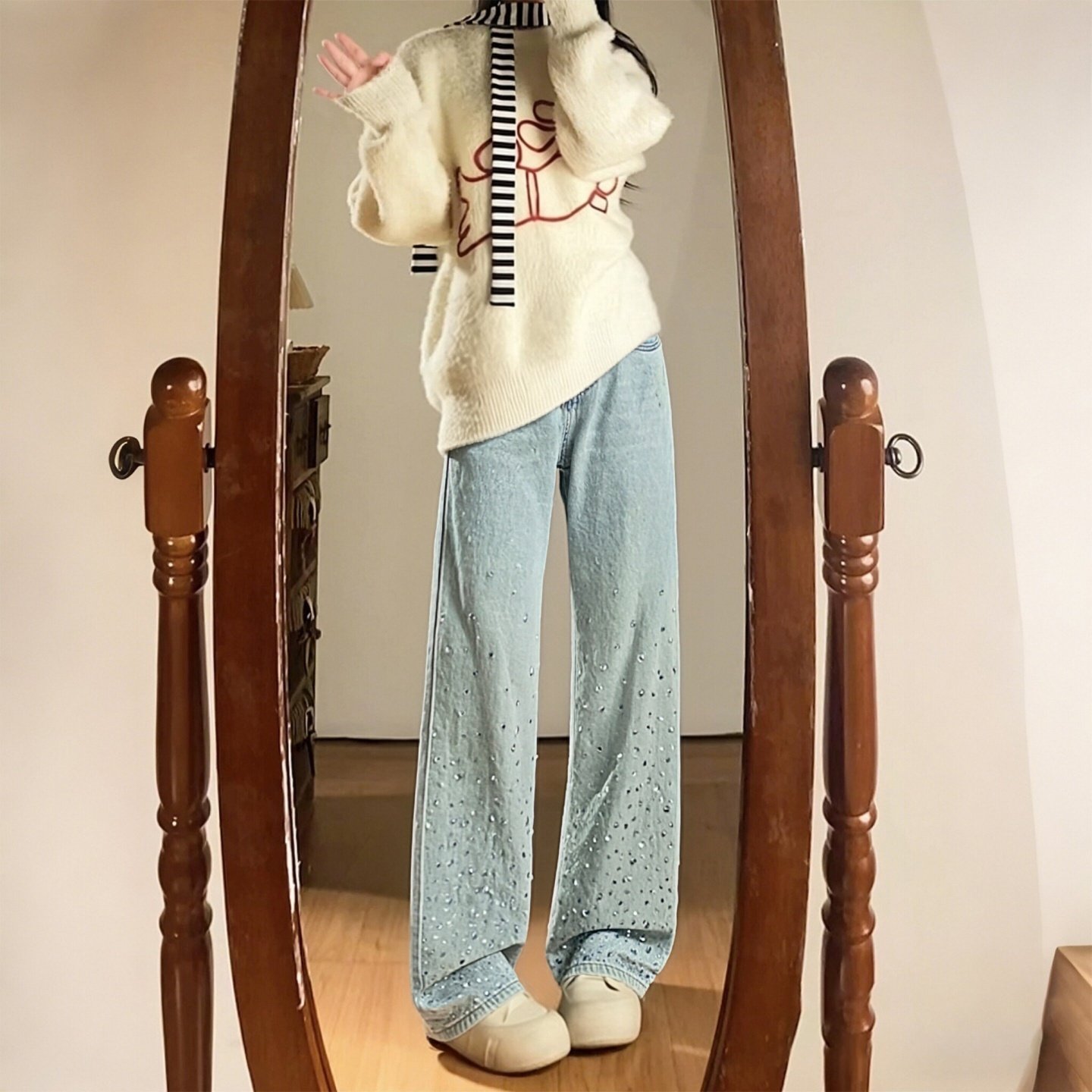 大码女装胖mm复古烫钻阔腿牛仔裤女高腰宽松显瘦慵懒风直筒拖地裤,女装/女士精品,大码裤装,淘宝优惠券,粉丝福利购,淘宝优惠卷