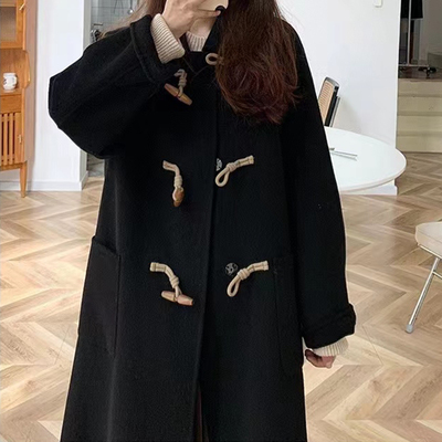 特大码黑色牛角扣毛呢大衣