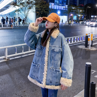 保暖显瘦棉衣外套潮 胖mm加厚羊羔毛牛仔棉服外套女冬季 特大码 女装
